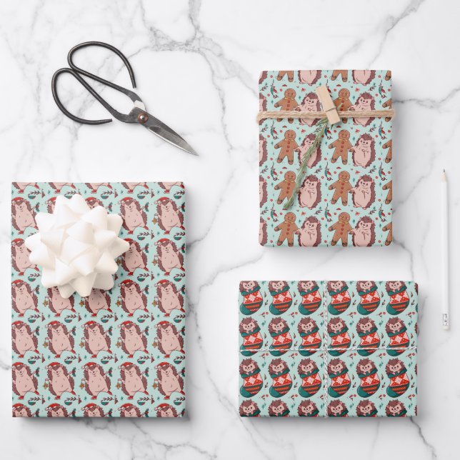 Feuille De Papier Cadeau Hérisson Noël (Recto)