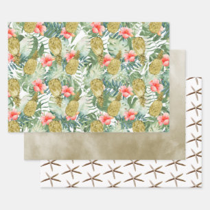 Feuille De Papier Cadeau Hibiscus tropical Ananas en or Floral