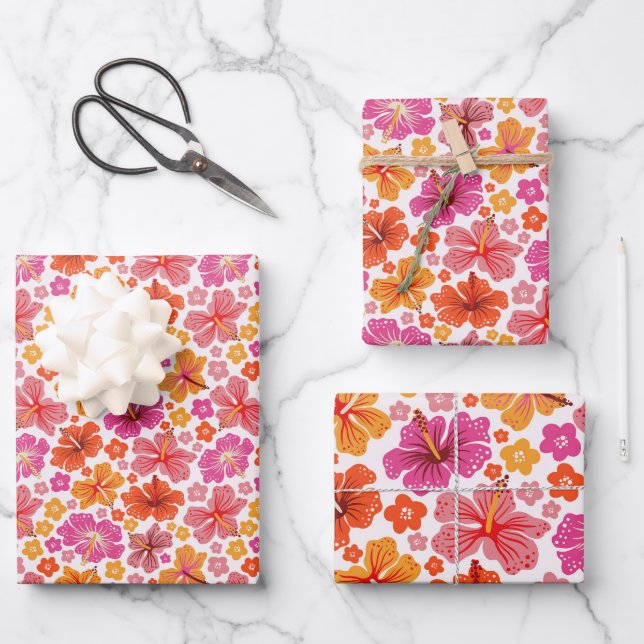 Feuille De Papier Cadeau hibiscus tropical - rose et orange (Recto)