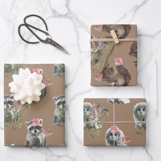 Feuille De Papier Cadeau Hibou de l'écureuil rustique Kraft Woodland (Recto)