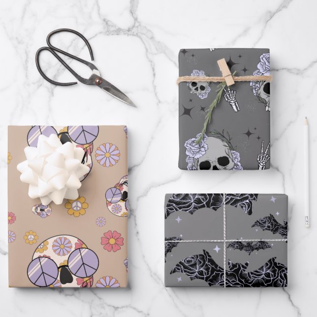 Feuille De Papier Cadeau Hippie Floral Crâne (Recto)