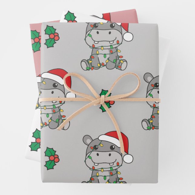 Feuille De Papier Cadeau Hippo Noël Animaux d'hiver Vacances Hippopotames (En situation)