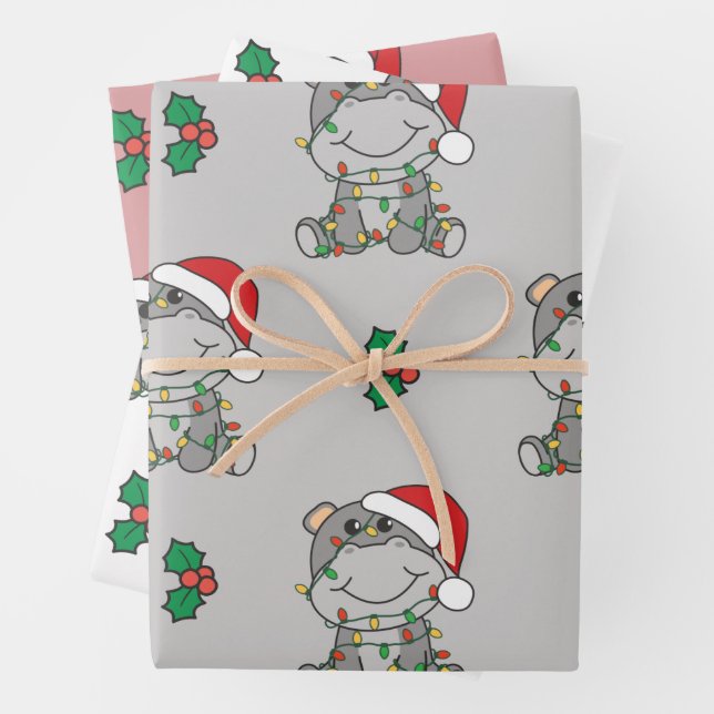 Feuille De Papier Cadeau Hippo Noël Animaux d'hiver Vacances Hippopotames (En situation)