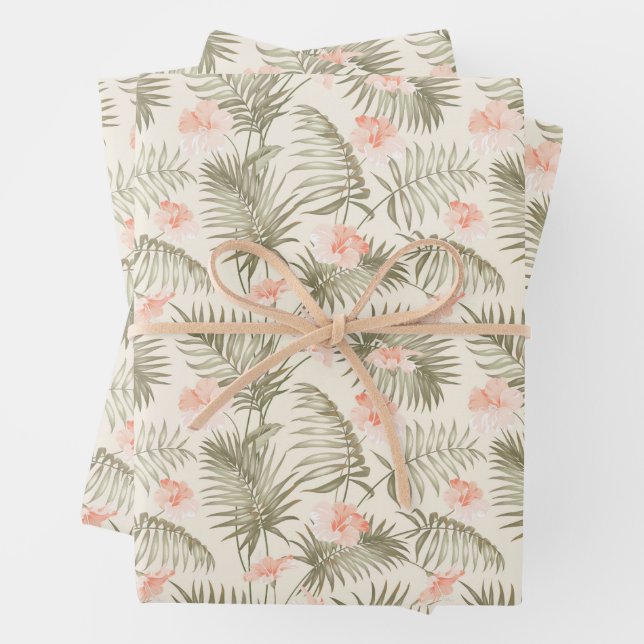 Feuille De Papier Cadeau Hisbiscus Tropical Palm Tree Motif (En situation)