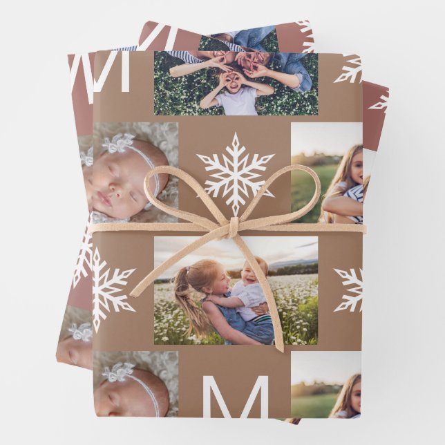 Feuille De Papier Cadeau Hiver Bronze Snowflakes Monogramme Photo Collage (En situation)