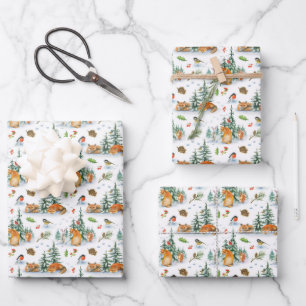 Feuille De Papier Cadeau Hiver Cozy Nature Renard Lapin Oiseaux Cônes de Pi