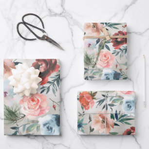 Feuille De Papier Cadeau Hiver Dusty Blue & Rose Pine & Rose Hip