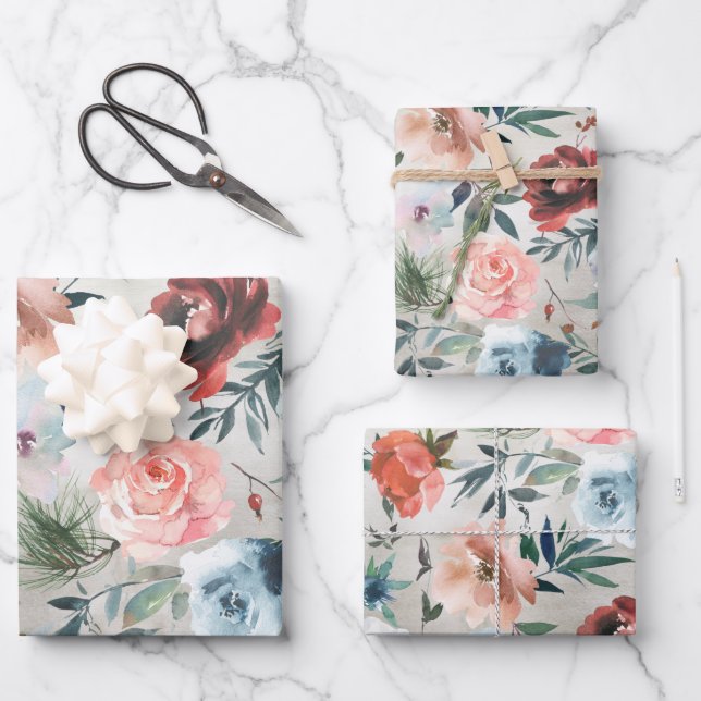 Feuille De Papier Cadeau Hiver Dusty Blue & Rose Pine & Rose Hip  (Recto)