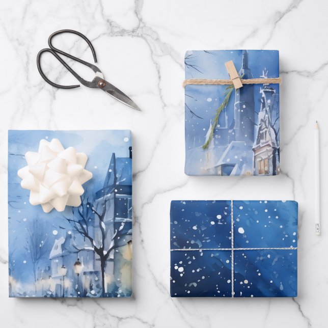 Feuille De Papier Cadeau Hiver Fairytale Snowy Houses Scène Bleu et Blanc (Recto)