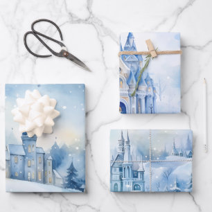 Feuille De Papier Cadeau Hiver Fairytale Snowy Houses Scène Bleu et Blanc