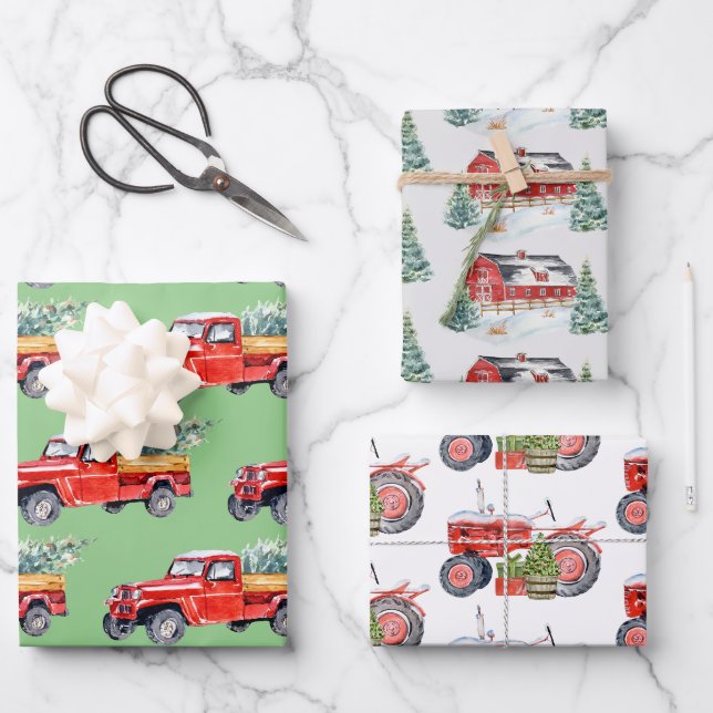 Feuille De Papier Cadeau Hiver Grange Tracteur & Truck Trio (Recto)