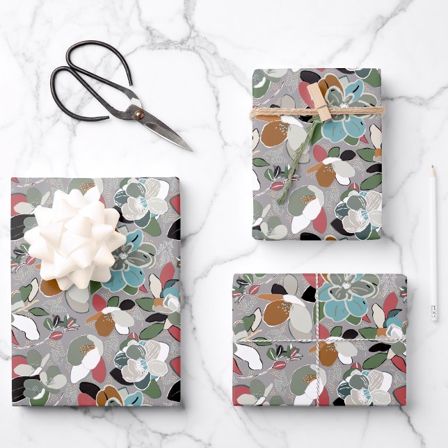 Feuille De Papier Cadeau Hiver Magnolia Floral Gris Noir (Winter Magnolia Floral Gray Black Wrapping Paper Sheets from Studio Posies. )