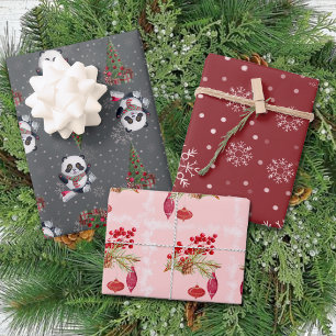 Feuille De Papier Cadeau Hiver Moderne Amusement Panda Rouge rose gris Noël