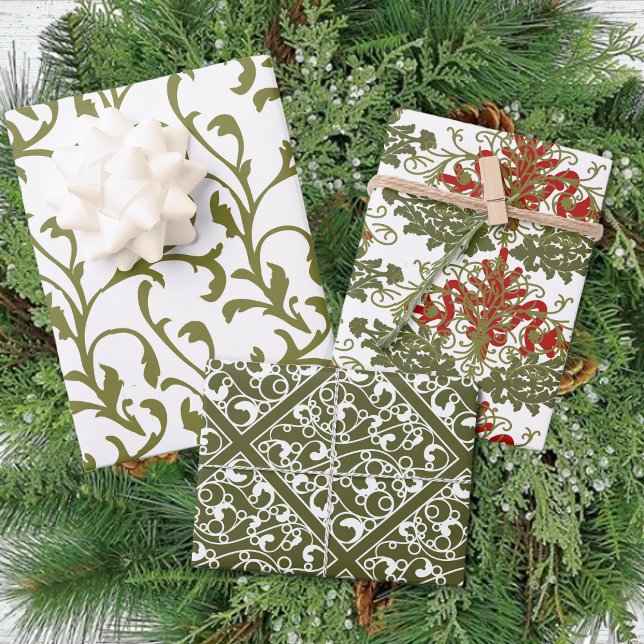 Feuille De Papier Cadeau Hiver Rouge Vert Damas traditionnel Noël (Créateur téléchargé)