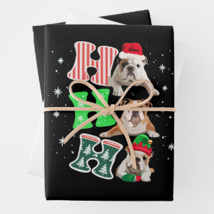 Feuille De Papier Cadeau Ho Ho Ho Santa en renne anglais bouledogue de Noël