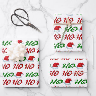 Feuille De Papier Cadeau Ho Ho Ho Santa Hat Noël rouge vert script