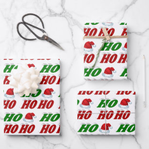 Feuille De Papier Cadeau Ho Ho Ho Santa Hat Noël rouge vert typographie