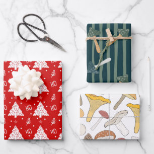 Feuille De Papier Cadeau Ho ho ho sapins de Noël et champignons motif mûre