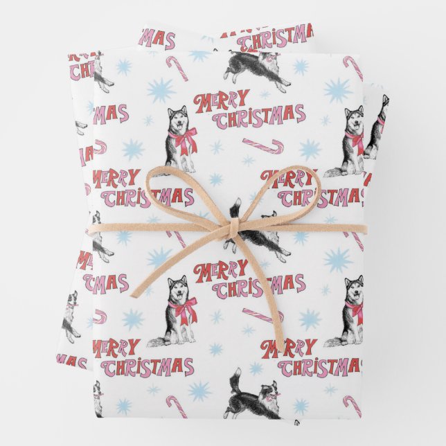 Feuille De Papier Cadeau Holiday Husky et Border Collie/Aussie (En situation)