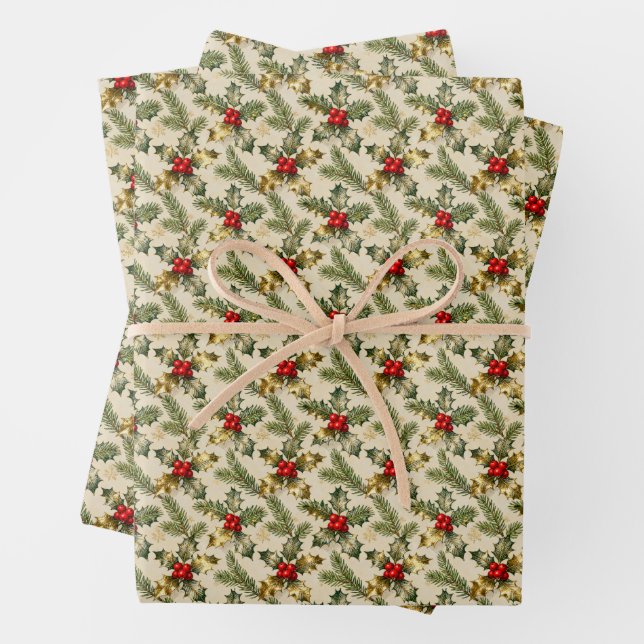 Feuille De Papier Cadeau Holly and Evergreens (En situation)