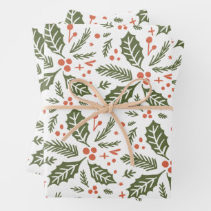 Feuille De Papier Cadeau Holly Berry à main levée multicolore rouge et vert