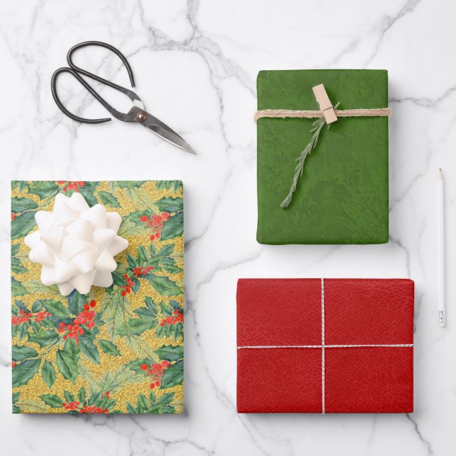 Feuille De Papier Cadeau Holly et Berries, Cuir rouge, Set texturé vert (Recto)