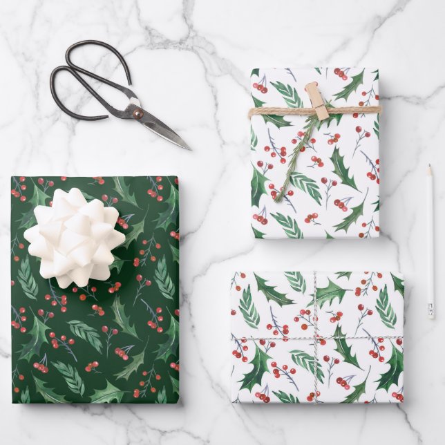 Feuille De Papier Cadeau Holly et Red Berry Motif de vacances (Recto)