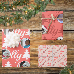 Feuille De Papier Cadeau Holly Jolly Photo Collage Coral Rose Noël