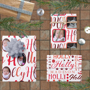Feuille De Papier Cadeau HOLLY Script Red On White 4 Photo Christmas