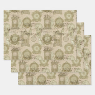Feuille De Papier Cadeau Horloges et hibou antiques