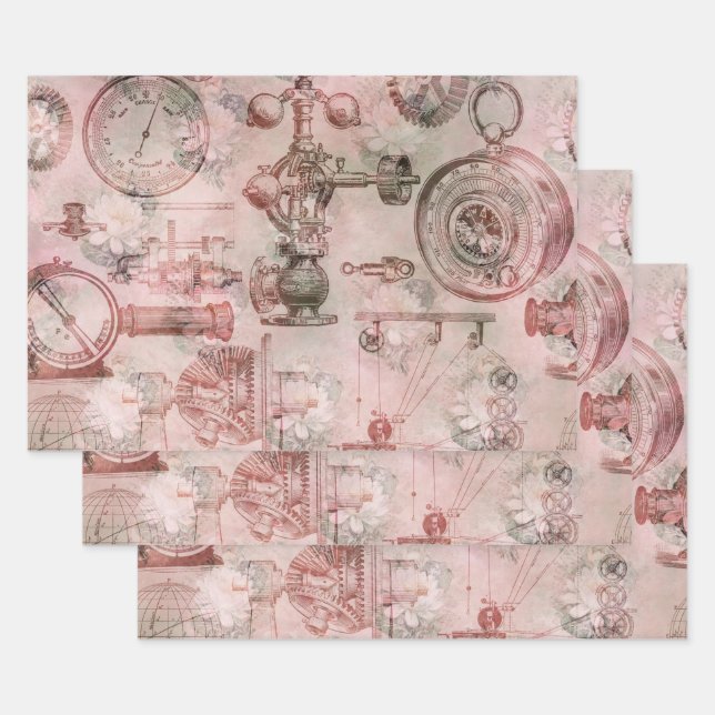 Feuille De Papier Cadeau Horloges et montres en vapeur rose (Lot)