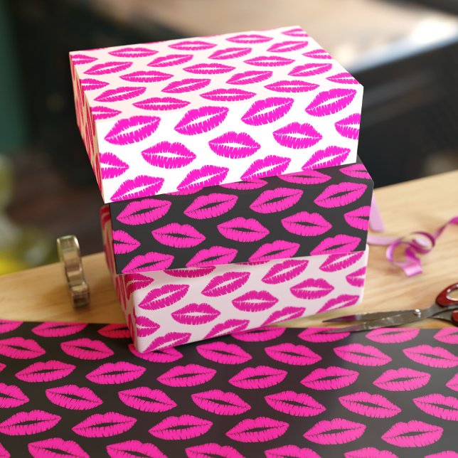 Feuille De Papier Cadeau Hot Rose Lipstick Motif Baisers Trio (Lovely pink lipstick kisses wrapping paper sheets just for you)