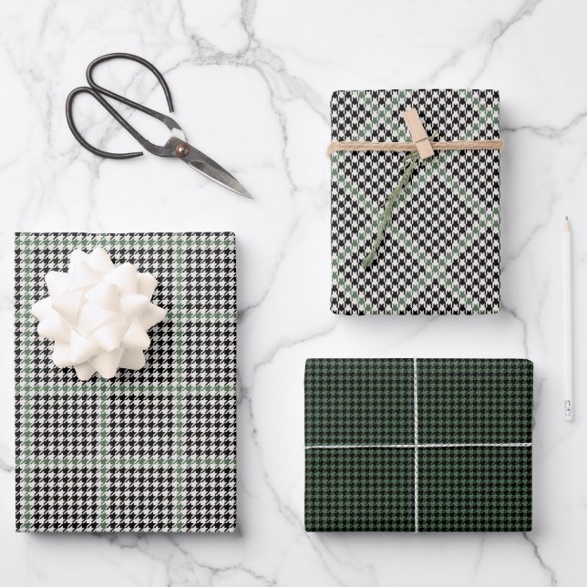Feuille De Papier Cadeau Houndstooth noir vert vacances emballage p (Recto)