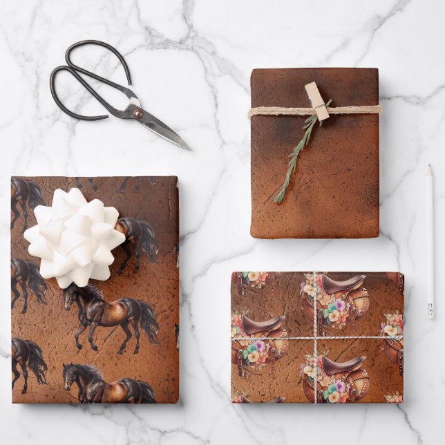 Feuille De Papier Cadeau Howdy Cowgirl Western Horse Floral Saddle (Recto)