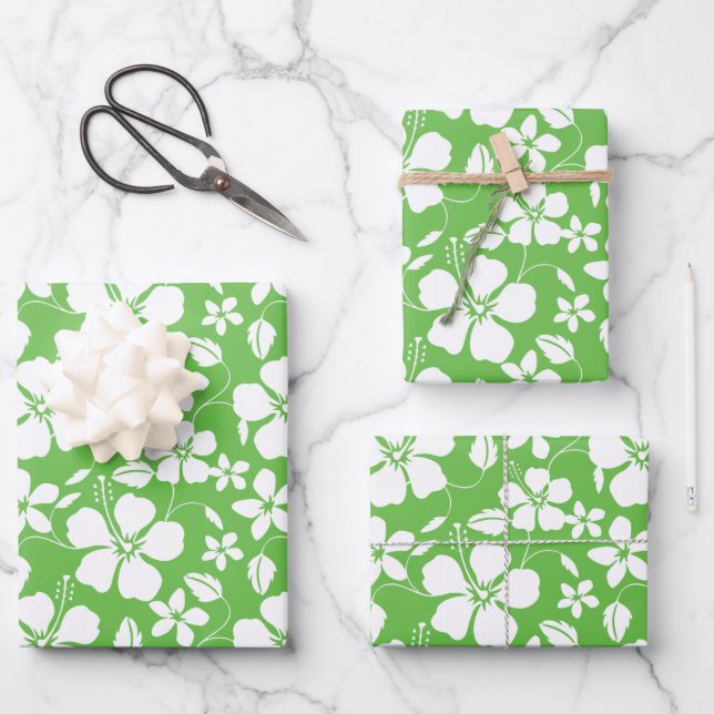 FEUILLE DE PAPIER CADEAU HULA HAÏIENNE (HIBISCUS) LIME (Recto)