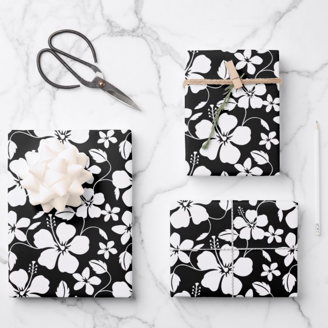 FEUILLE DE PAPIER CADEAU HULA HAÏIENNE (HIBISCUS) NOIR (Recto)