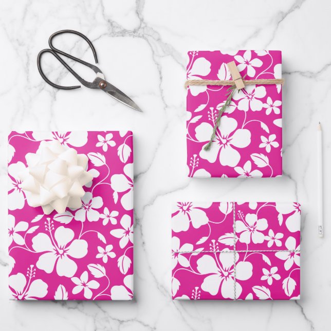 FEUILLE DE PAPIER CADEAU HULA HAÏIENNE (HIBISCUS) ROSE CHAUDE (Recto)