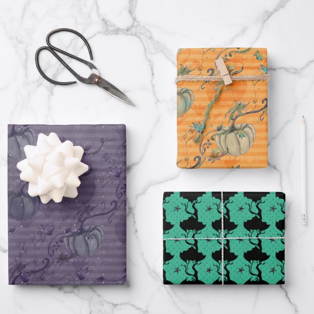 Feuille De Papier Cadeau Humeur d'Halloween violet orange et turquoise (Recto)