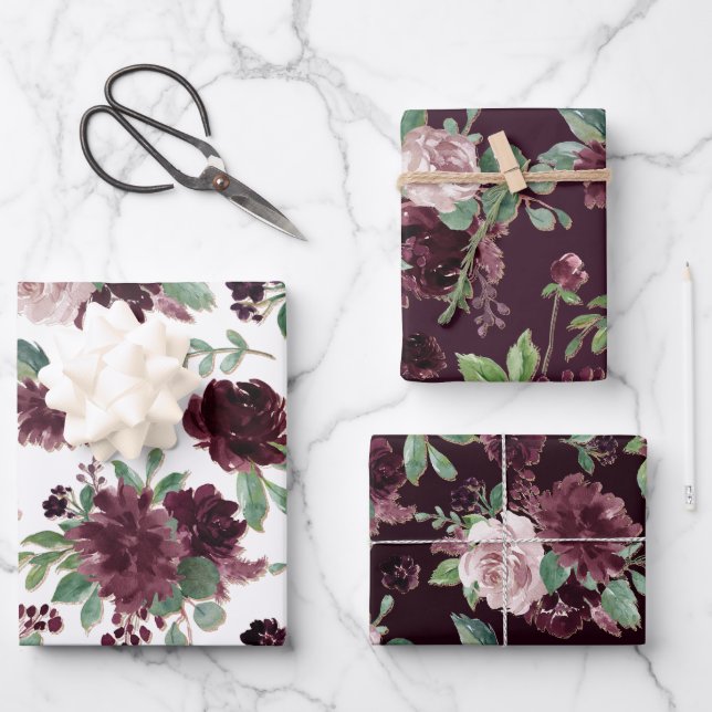 Feuille De Papier Cadeau Humeur Passion | Motif de rose de vigne pourpre dr (Recto)