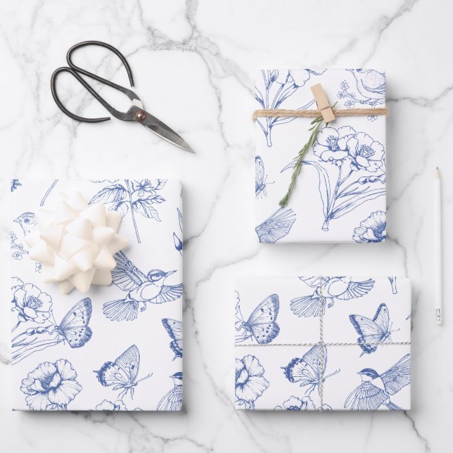 Feuille De Papier Cadeau Hummingbird & Butterfly Floral Toile Bleu Envelopp (Recto)