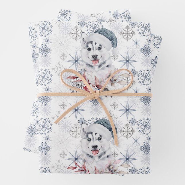 Feuille De Papier Cadeau Husky Cute Bleu Santa Chapeau Snowflakes Noël (En situation)
