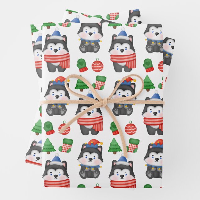 Feuille De Papier Cadeau Husky Puppy Chien Père Noël Festive Noël (En situation)