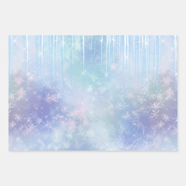 Feuille De Papier Cadeau Icicles Snowflakes Crystals Bleu pourpre (Devant)