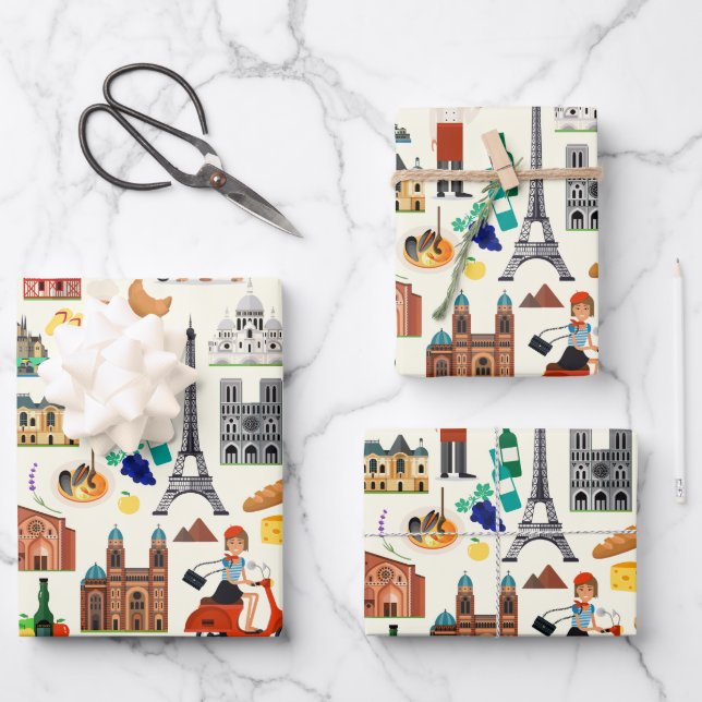 Feuille De Papier Cadeau Icônes de voyage France Design (Recto)