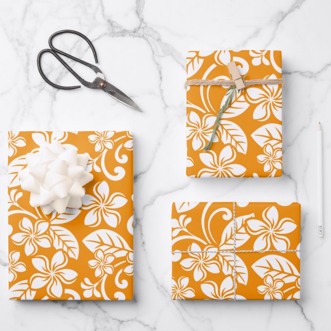 FEUILLE DE PAPIER CADEAU ÎLE PLUMERIA (ORANGE) (Recto)
