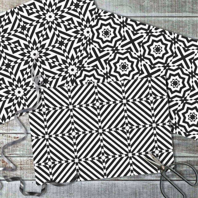 Feuille De Papier Cadeau Illusion optique noire et blanche Motifs de mosaïq (Créateur téléchargé)