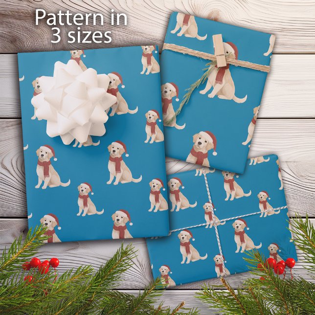 Feuille De Papier Cadeau Illustration de chien bleu Joyeux Noël (Blue Dog Illustration Merry Christmas Wrapping Paper Sheets, pattern in 3 sizes)