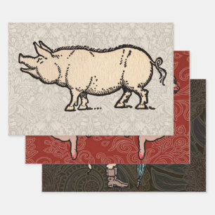 Feuille De Papier Cadeau Illustration de cochon antique mignon vintage