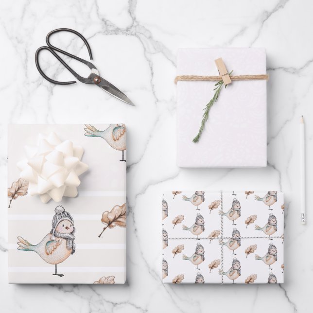 Feuille De Papier Cadeau Illustration de l'aquarelle moelleuse d'hiver (Recto)