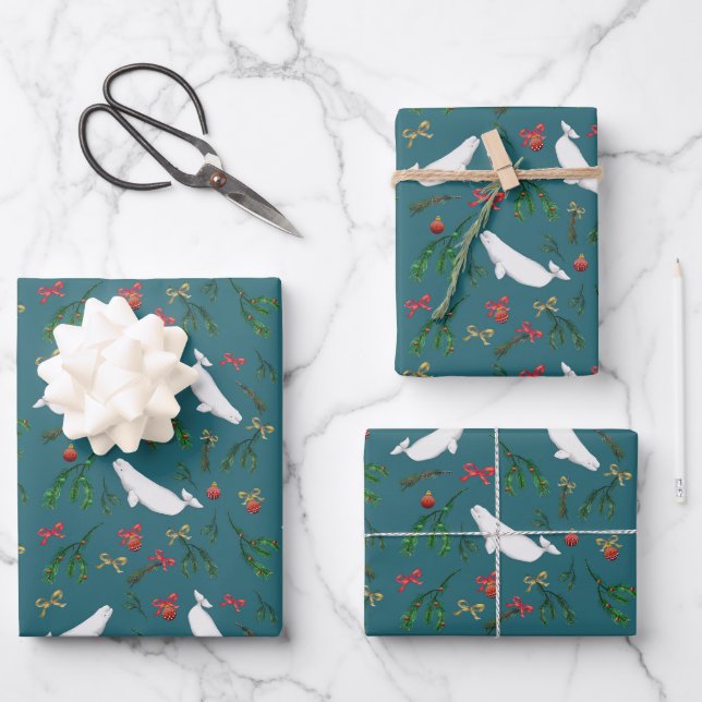 Feuille De Papier Cadeau Illustration de Noël de la baleine béluga (Recto)